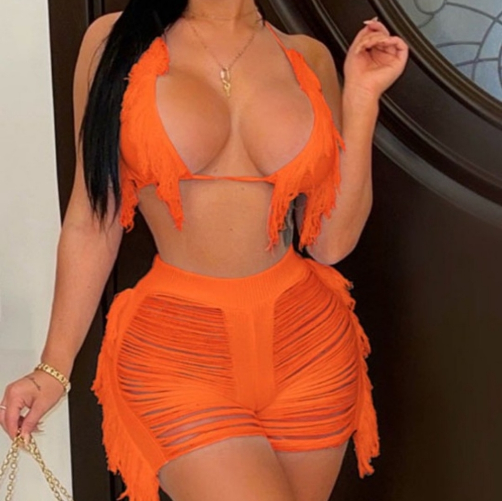Crochet Ripped Halter Crop Top & Cover Up Shorts Set